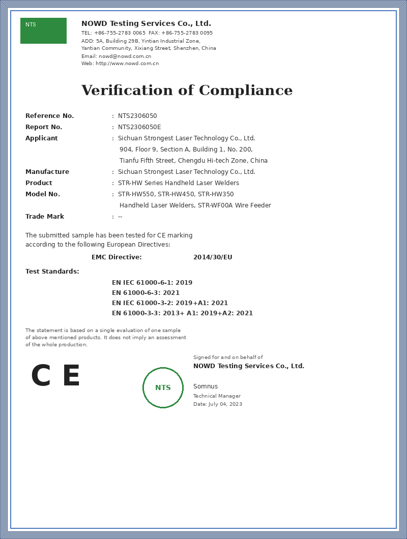 Certificat de conformité CE — NOWD Testing Services — NTS2306050